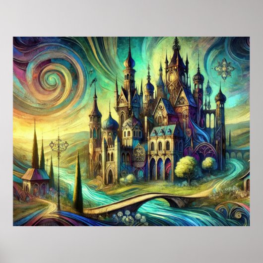 Fantasy Castle with Swirling Sky and Flowing River ポスター (正面)