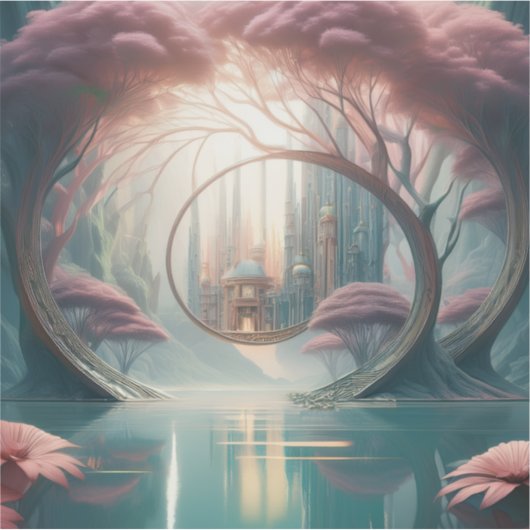 Fantasy City Seen Thru A Blue Lake And Pink Trees シール (正面)