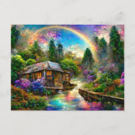 Fantasy Cottage mit Regenbogen und Blumen ポストカード