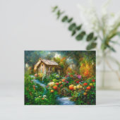 Fantasy Cottage mit üppigem Garten voller Blumen. ポストカード (スタンド正面)
