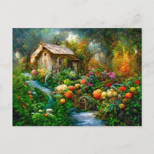 Fantasy Cottage mit üppigem Garten voller Blumen. ポストカード (正面)