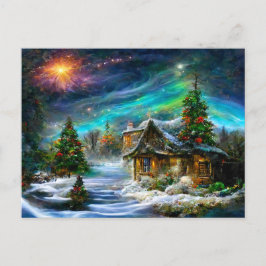Fantasy Cottage zu Weihnachten mit Christbaum ポストカード