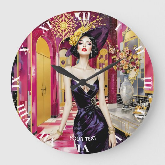 Fantasy Cute Art Deco Lady ラージ壁時計 (正面)