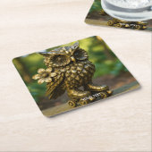 Fantasy Cute Brass Owl Skates スクエアペーパーコースター (アングル)