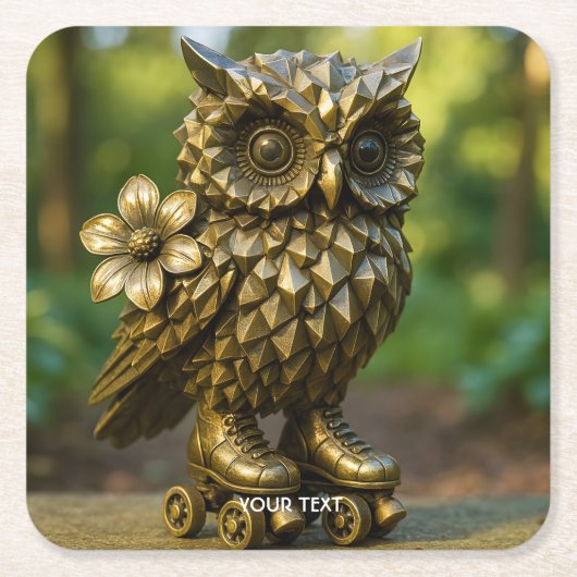 Fantasy Cute Brass Owl Skates スクエアペーパーコースター (正面)
