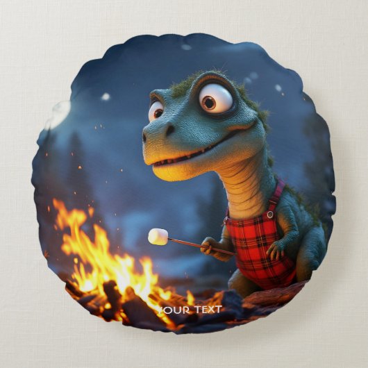 Fantasy Cute Dino Campfire Moon ラウンドクッション (正面)