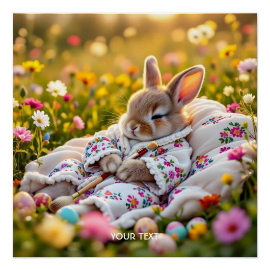 Fantasy Cute Rabbit Painter Flowers ポスター (正面)