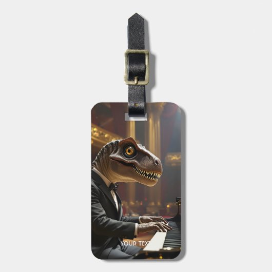 Fantasy Cute T-rex Playing Piano ラゲッジタグ (正面縦)