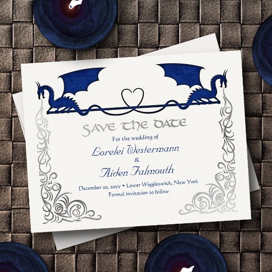 Fantasy Dragon Blue Wedding Save the Date Card 箔シーズンポストカード