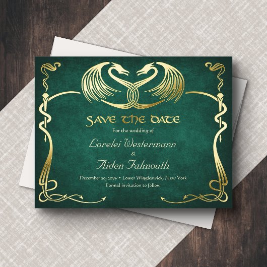 Fantasy Dragon Green Wedding Save the Date Card 箔シーズンポストカード