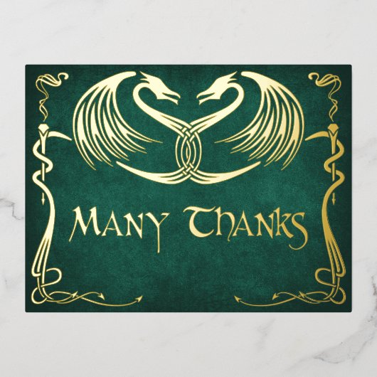 Fantasy Dragon Green Wedding Thank You Card 箔シーズンポストカード (正面)