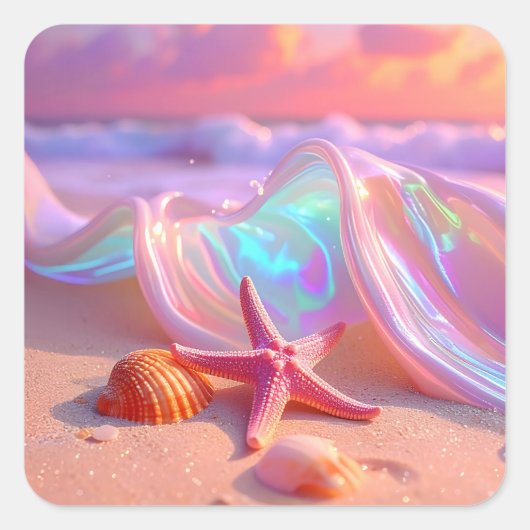 Fantasy Dream Beach With Beautiful Pink Starfish  スクエアシール (正面)