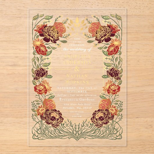 Fantasy Enchanted Red Floral Garden Wedding アクリル招待状 (正面)