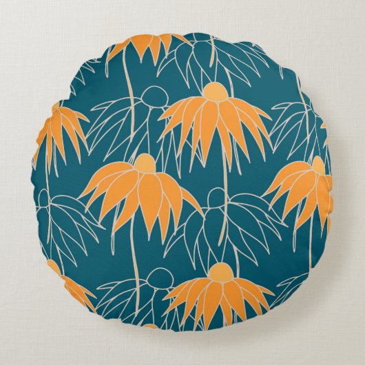 Fantasy floral hand drawn seamless pattern. Orange ラウンドクッション (正面)