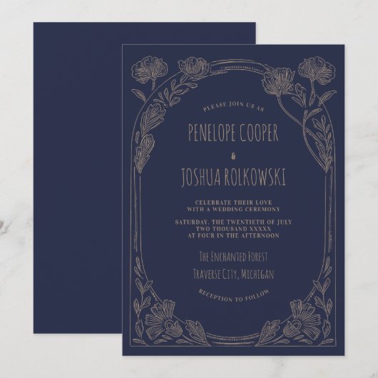 Fantasy Floral Navy Blue Gold Enchanted Wedding 招待状 (正面/裏面)