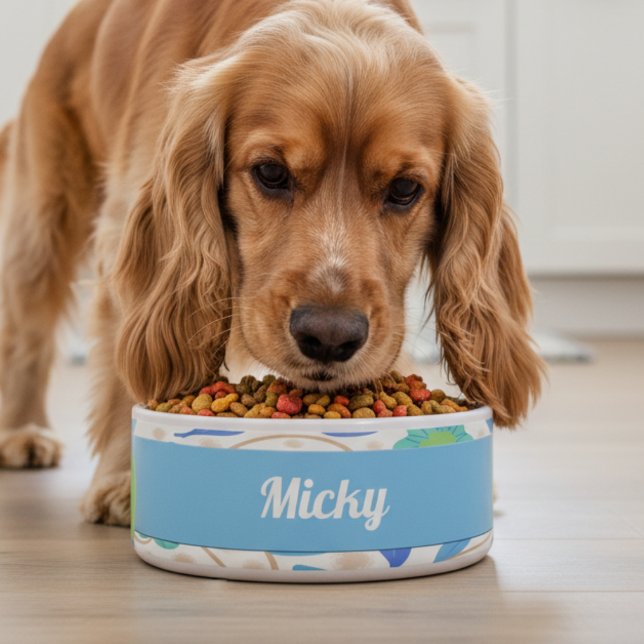Fantasy Flowers Blue Green Ceramic Pet Bowl ボウル (The soft pastel colors blends with any surrounds and give that fresh clean look.)