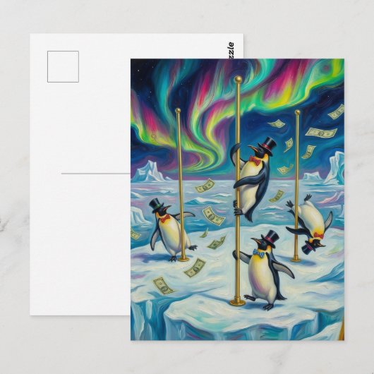 Fantasy Funny Dancing Penguins North Pole ポストカード (正面/裏面)