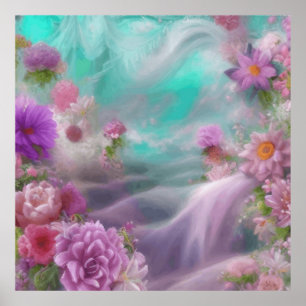 Fantasy Garden With Flowers And Pink Waterfall ポスター