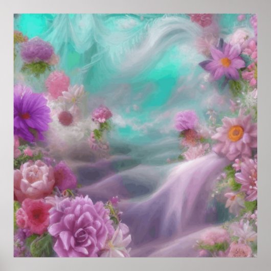 Fantasy Garden With Flowers And Pink Waterfall ポスター (正面)