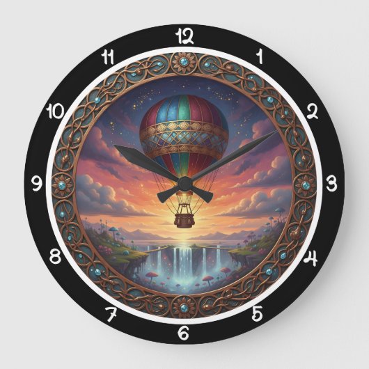 Fantasy Hot Air Balloon Waterfall ラージ壁時計 (正面)