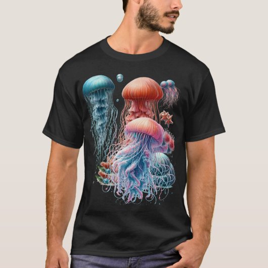 Fantasy jellyfish in pastel turquoise and orange  tシャツ (正面)