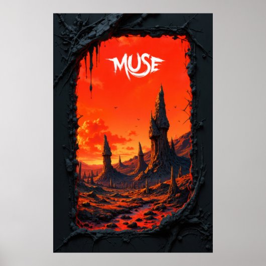 Fantasy landscape with fiery sky and towering ポスター (正面)