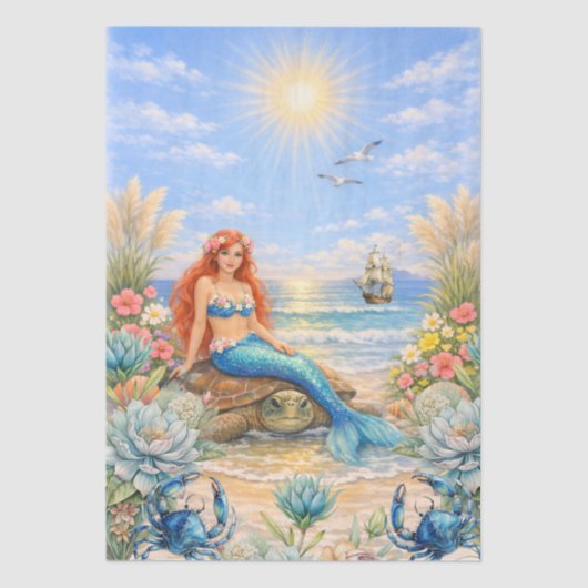 Fantasy Mermaid Sea Turtle Beach Scene Decoupage  薄葉紙 (正面)