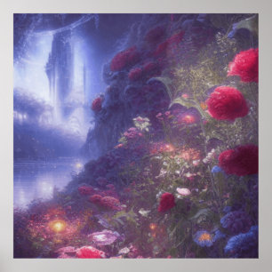 Fantasy Misty Rainy Magical Garden River Landscape ポスター