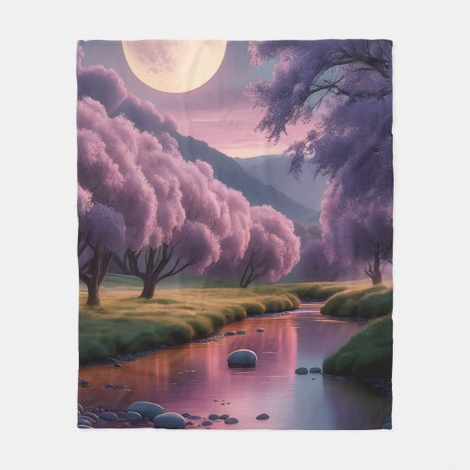 Fantasy Moonlit River Dreamscape Illustration フリースブランケット (正面)