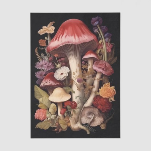 Fantasy Mushrooms and Flowers on Black Background 薄葉紙 (正面)