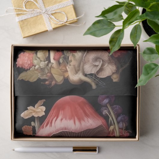 Fantasy Mushrooms and Flowers on Black Background 薄葉紙 (ギフト)