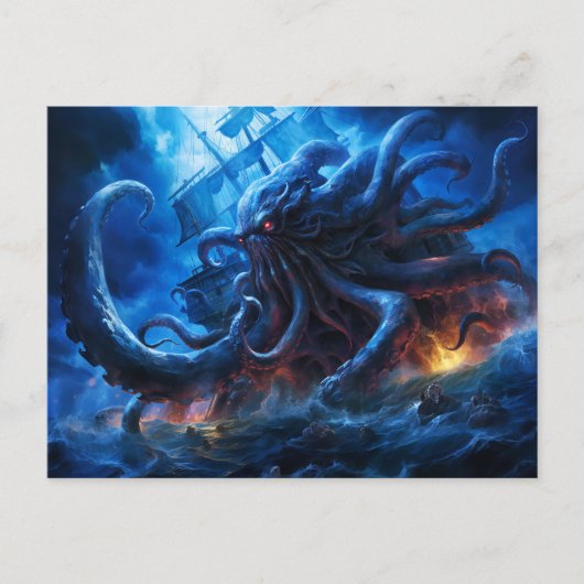 Fantasy Painting Kraken Attacking Ship at Sea ポストカード (正面)