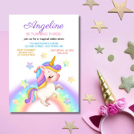 Fantasy Rainbow Stars Unicorn Girl Birthday  招待状