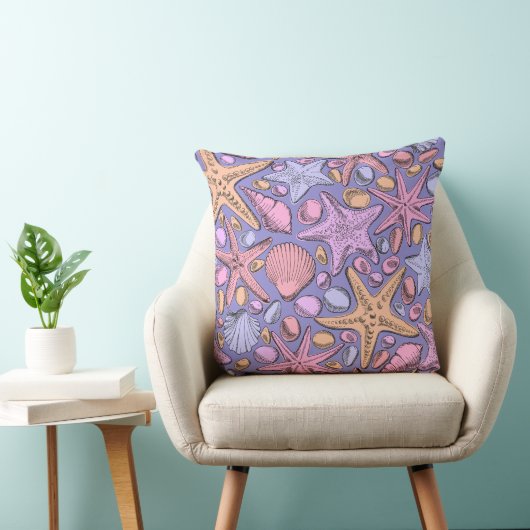 Fantasy Sea Pattern Pillow, Purple Coastal Decor クッション (椅子)