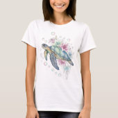 Fantasy Sea Turtle with Flowers and Pearlescent Bu Tシャツ (正面)