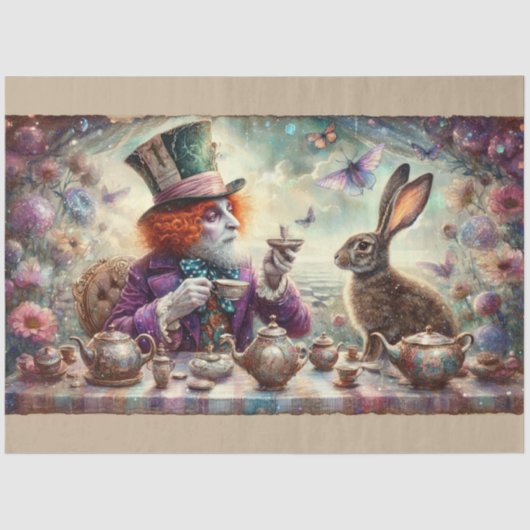 Fantasy Tea Party Wonderland Hatter Hare Decoupage 薄葉紙 (正面)