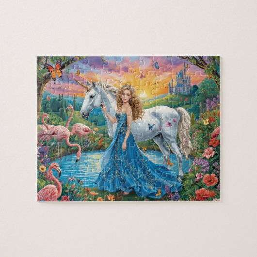 Fantasy Unicorn Princess Castle Flamingo Art ジグソーパズル (横)
