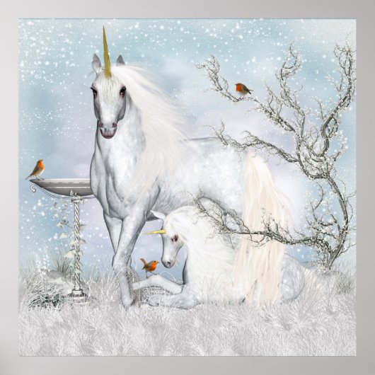 Fantasy Unicorns With Robins Wall Poster ポスター (正面)