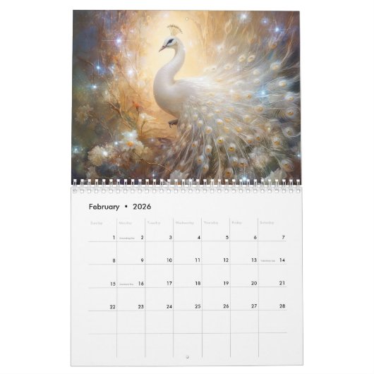 Fantasy White Peacocks in Abstract Style カレンダー (2月 2026)