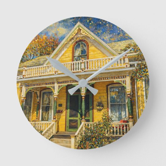 Fantasy Yellow Victorian House ラウンド壁時計 (正面)