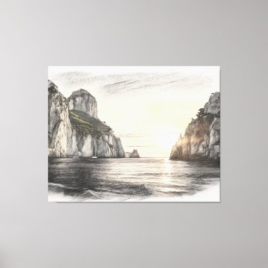 Faraglioni cliffs over capri sea sunset drawing キャンバスプリント (正面)