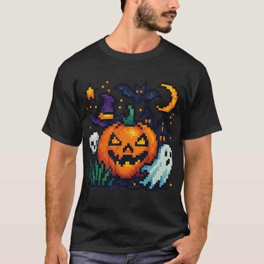 Farbenfrohes Halloween Pixelart – Kürbis, Geist &  Tシャツ (正面)