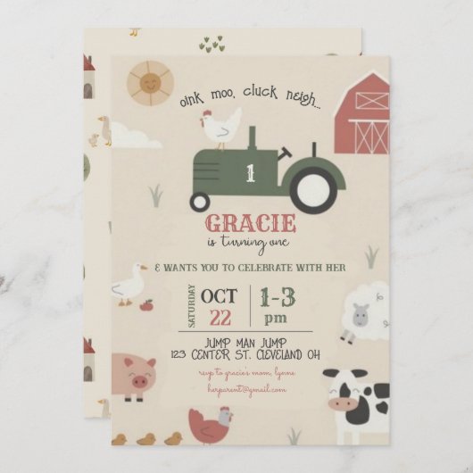 Farm and Animals Birthday Invitation 招待状 (正面/裏面)