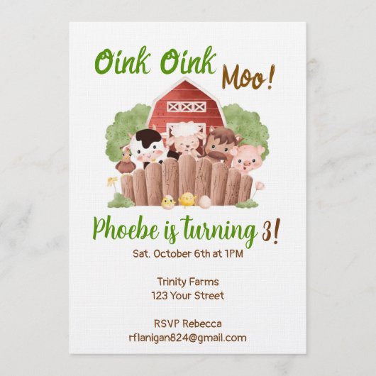 Farm Animal Barnyard Birthday Invitation 招待状 (正面)