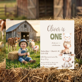 Farm Animals 1st Birthday Barnyard Baby Boy Photo 招待状