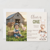 Farm Animals 1st Birthday Barnyard Baby Boy Photo 招待状 (正面)