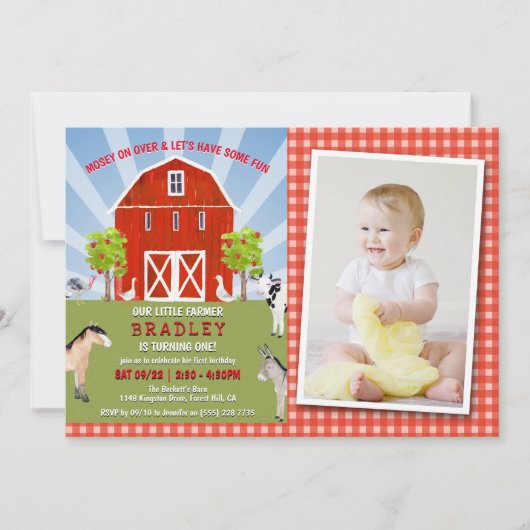 Farm Animals 1st Birthday Photo 招待状 (正面)