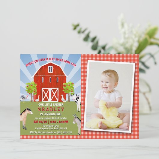 Farm Animals 1st Birthday Photo 招待状 (スタンド正面)