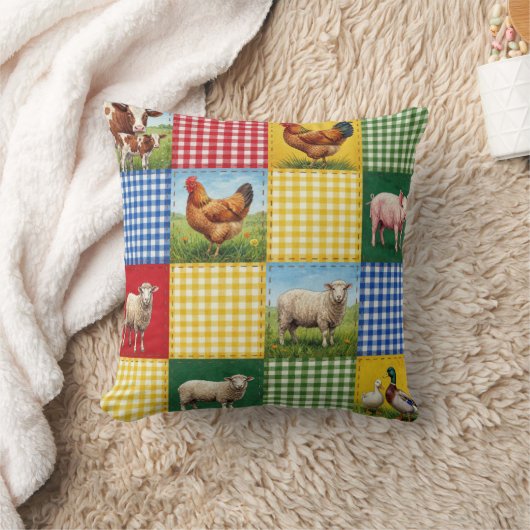 Farm Animals and Gingham Patchwork Quilt クッション (ブランケット)