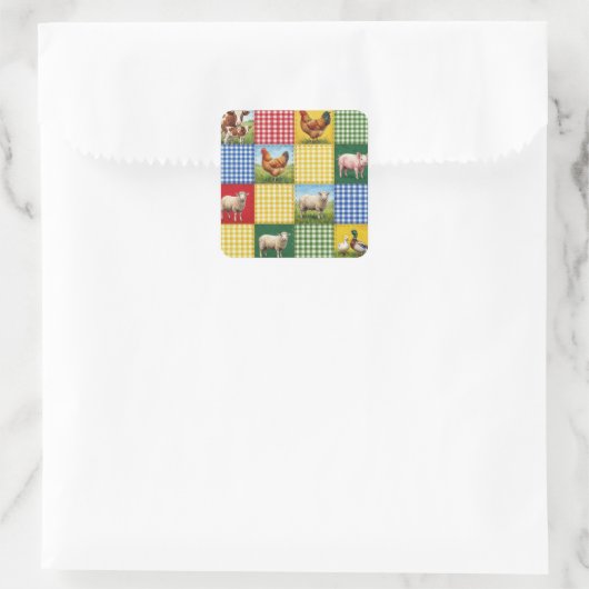 Farm Animals and Gingham Patchwork Quilt スクエアシール (バッグ)